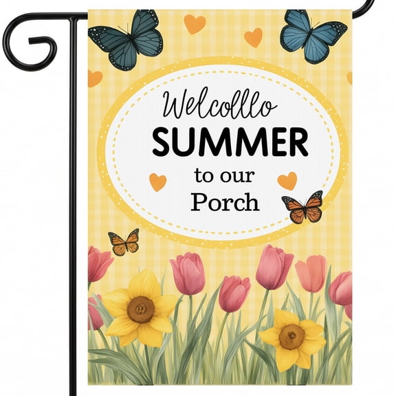 summer garden flag 28x40 A welcome sign with flowers and butterflies on a yellow background. Welcome SUMMER to our Porch garden glag 28 x 40 Inches for Gazebo Hanging Decor