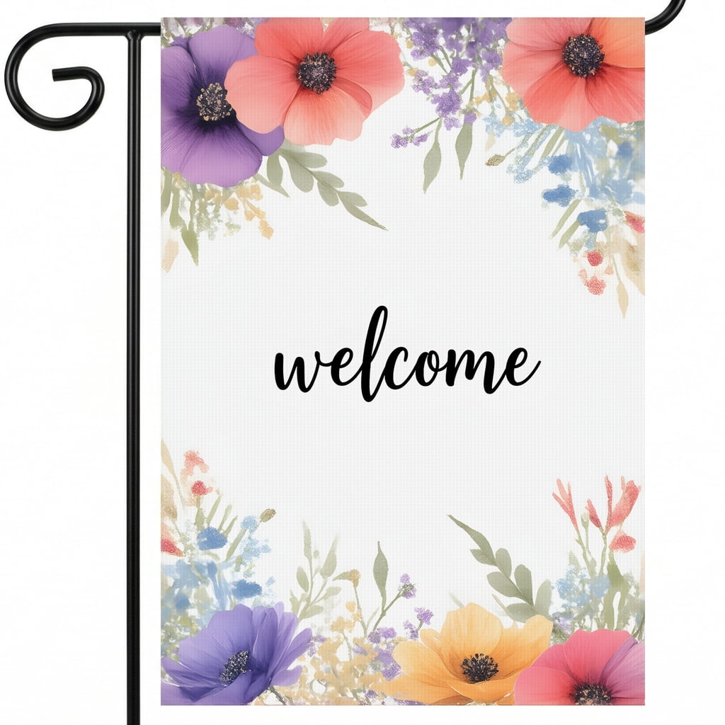 summer garden flag 28x40 A welcome sign surrounded by colorful flowers ...