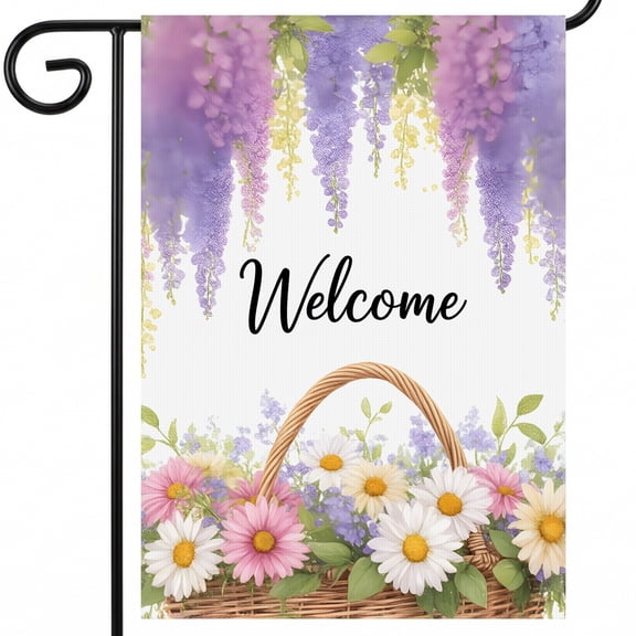 summer garden flag a basket full of flowers with the words welcome Welcome summer decorations 28 x 40 Inches for Yard Outdoor Decoration