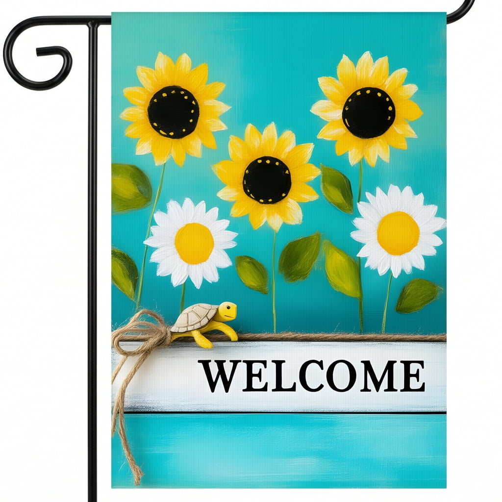 summer garden flag a welcome sign with sunflowers and a turtle on it ...