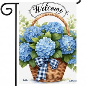 summer garden flags outside A basket of blue hydrangeas with a blue & white bow. Welcome to our SUMMER decor 28x40" Large Outdoor Flag for Traditional Home.