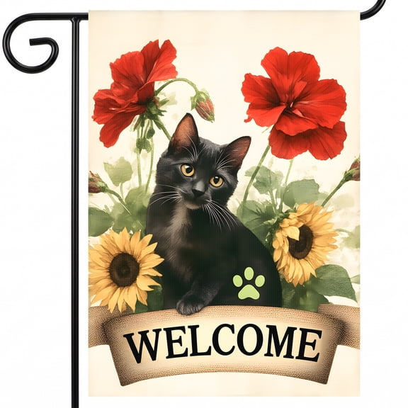 summer garden flags for outside A black cat sitting in a field of flowers with a welcome sign. WELOME decorative outdoor flags 28x40 Inch Display Size for Deck Railing Display