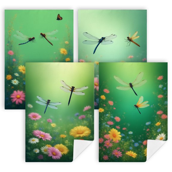 summer hand towels for kitchen A painting of two dragonflies flying over a field of flowers hand towel cute Set of 4 16x24 Inch decorative towels