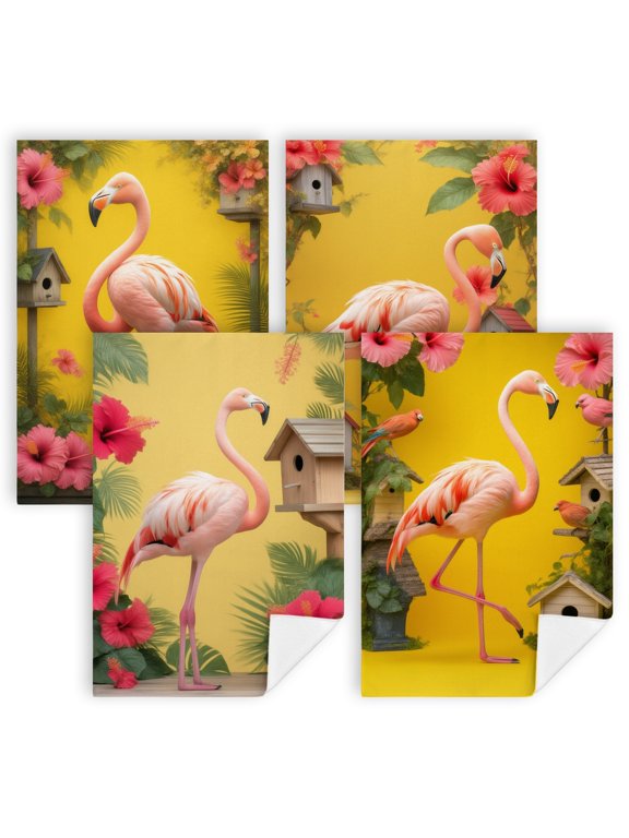 summer hand towels for kitchen A pink flamingo standing in front of a yellow background kitchen towel and dishcloth sets 4 Pack 16"x24" kitchen accessories and decor