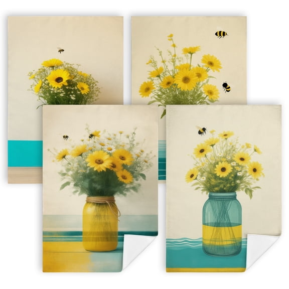 summer hand towels for kitchen A yellow vase filled with sunflowers and a bee flying over it hand towel cute 4 Piece Set 16x24" lake decorations for summer home