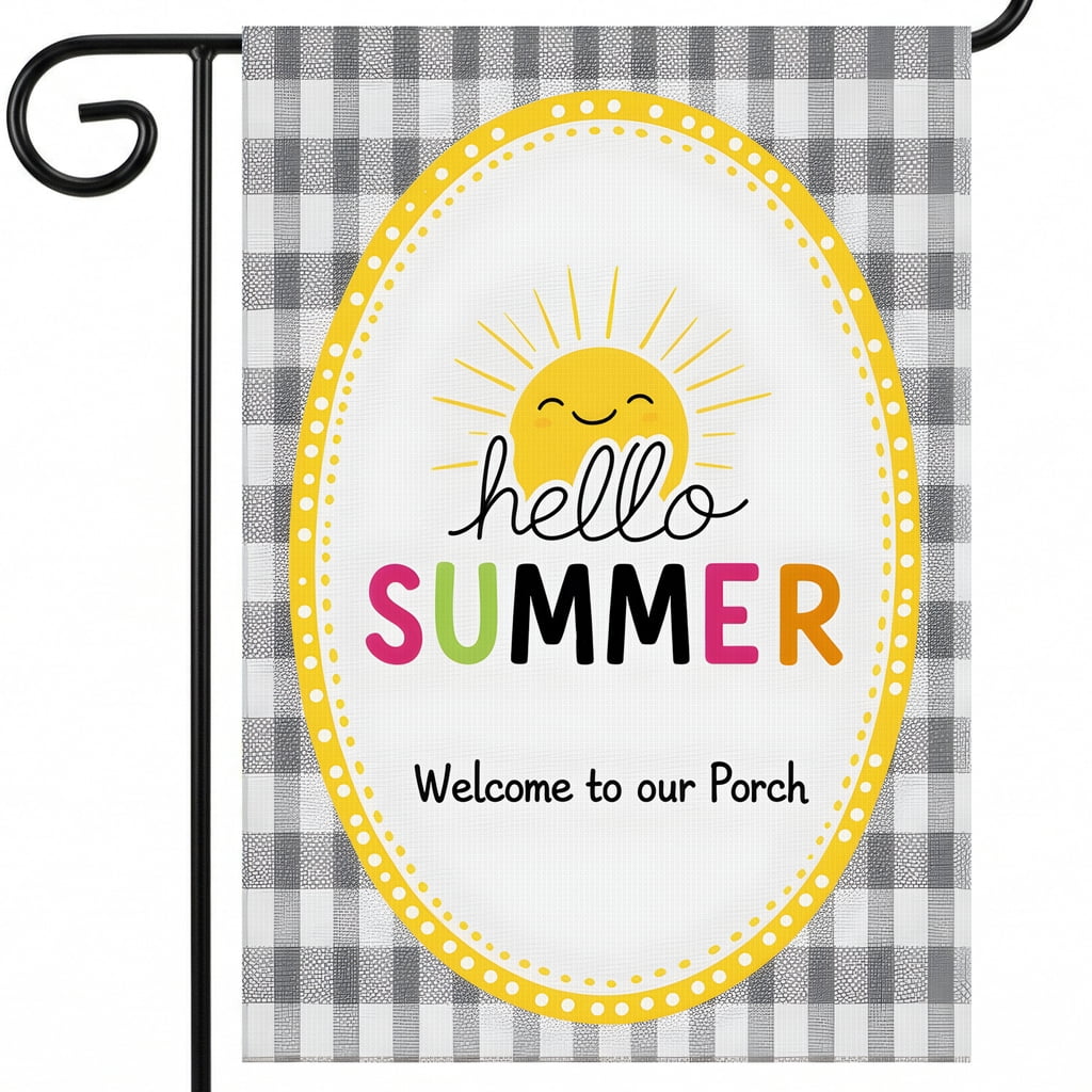 summer house flag A hello summer sign on a black and white checkered ...