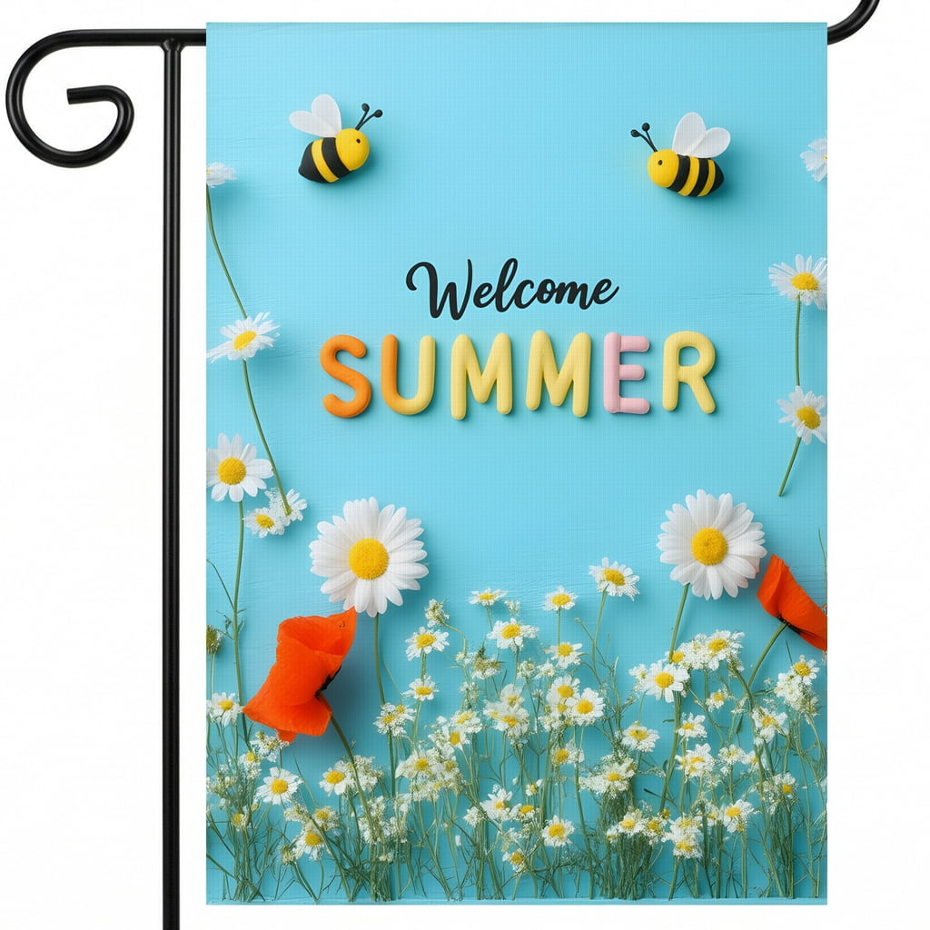 summer house flag A welcome sign surrounded by daisies and bees on a ...
