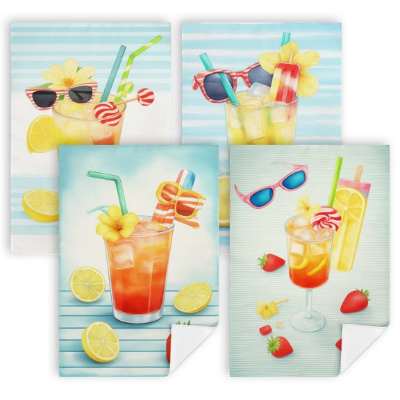 summer kitchen towels A glass of lemonade with a straw and a flower in it paños de cocina 4 Pieces 16" x 24" farmhouse decor kitchen