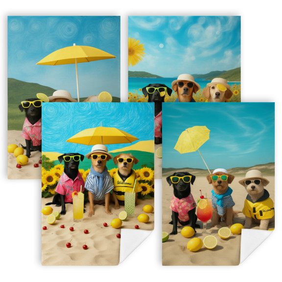 summer kitchen towels A group of three dogs wearing sunglasses and umbrellas on a beach microfiber dish towels Pack of 4 16 x 24 Inches adornos para la cocina