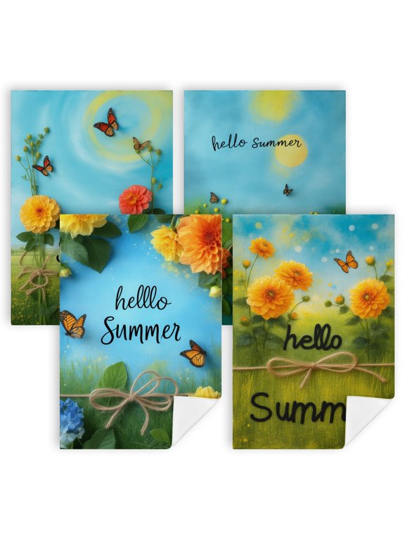 summer kitchen towels A picture of a field of flowers and butterflies with the words hello summer farmhouse hand towels 4 Pack 16"x24" decoration for kitchen