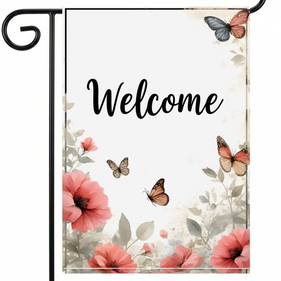 summer outdoor flag a welcome sign with pink flowers and butterflies Welcome yard 28x40in Full Size for Outdoor Party Backdrop