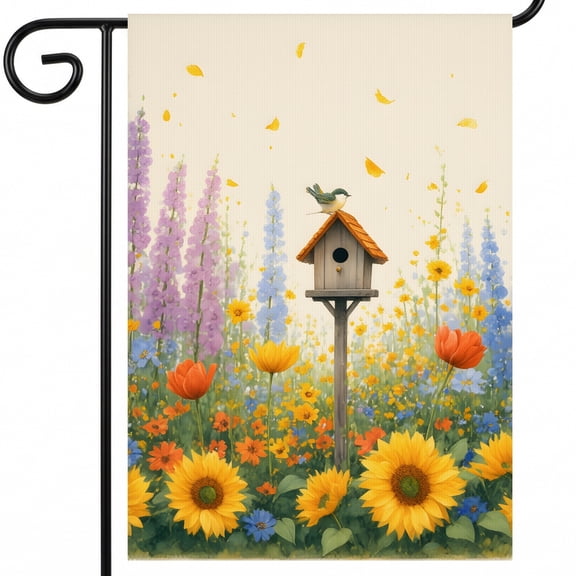 summer outdoor flag A birdhouse in a field of flowers with a bird on top. - personalized garden flags 28x40 Inch Large Format for Seasonal Garden Display