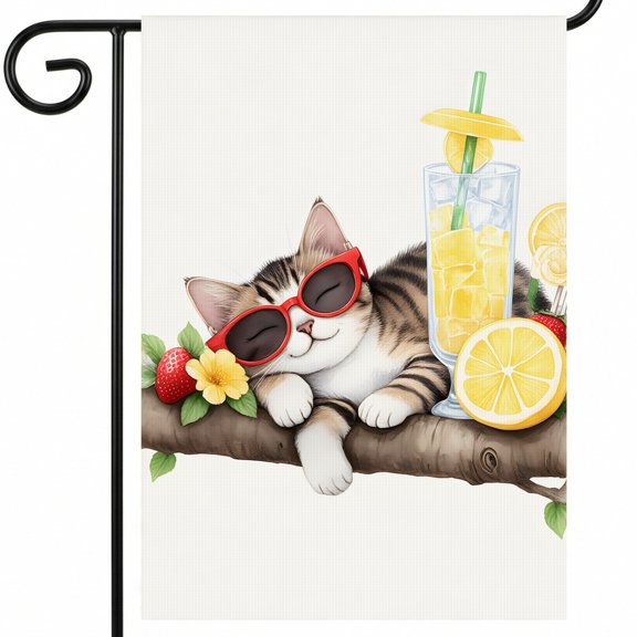 summer outdoor flag A cat wearing sunglasses laying on a tree branch next to a glass of lemonade. O outdoor flags Large Scale 28x40 Inch for New Home Yard Accessory