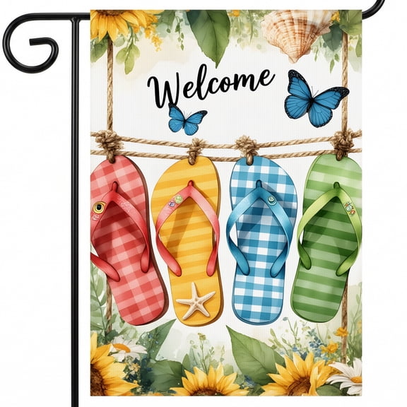 summer outdoor flags flip flops hanging on a rope with sunflowers and butterflies Welcome outdoor flags & banners 28x40 Inch Vertical Banner for Patio Furniture Accent