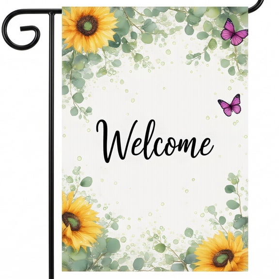 summer outdoor flags A welcome sign with sunflowers and butterflies on a white background. Welcome summer decor signs 28 x 40 Inch Classic Size for Small Space Garden Decor