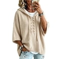 thumbnail image 1 of summer sweaters for women lightweight Lace Up Front Hooded Knit Sweater Oversized Batwing 3/4 Sleeve Loose Casual Womens Pullover Tops, 1 of 6