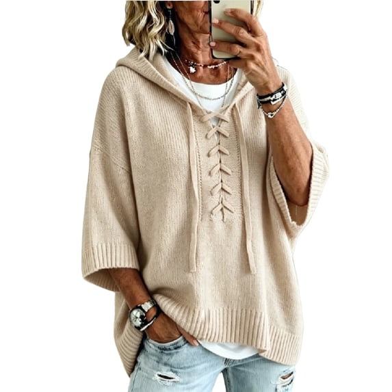summer sweaters for women lightweight Lace Up Front Hooded Knit Sweater Oversized Batwing 3/4 Sleeve Loose Casual Womens Pullover Tops
