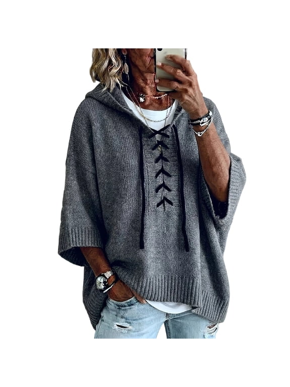 summer sweaters for women lightweight Lace Up Front Hooded Knit Sweater Oversized Batwing 3/4 Sleeve Loose Casual Womens Pullover Tops