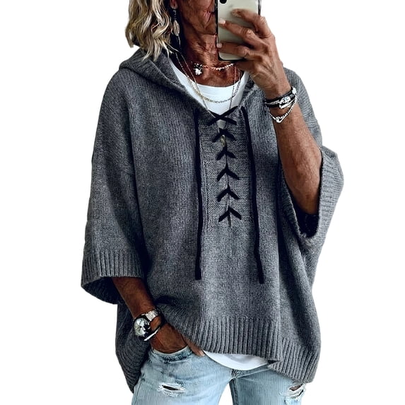 summer sweaters for women lightweight Lace Up Front Hooded Knit Sweater Oversized Batwing 3/4 Sleeve Loose Casual Womens Pullover Tops
