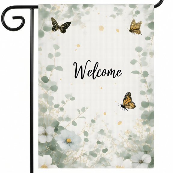 summer yard flag A welcome sign with butterflies and flowers on a white background. Welcome decorative banner flags 28 x 40" Standard Size for Outdoor Living Space