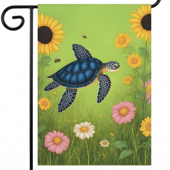 summer yard flags A painting of a turtle in a field of flowers and bees. - garden flag large 28"x40" Large Size for Modern Yard Decor