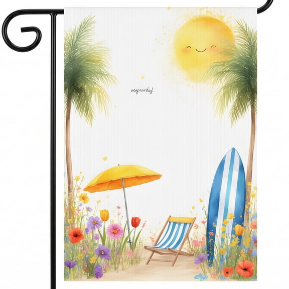 summer yard flags A beach scene with a surfboard umbrella chair and flowers. wagjusartif flag garden flag 28 x 40 Inch Garden Banner for Courtyard Art Decoration