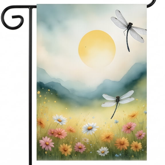 summergardenflags A painting of two dragonflies flying over a field of flowers. 0 summer patio banner 28 x 40 Inch House Banner for Entryway Welcome Sign