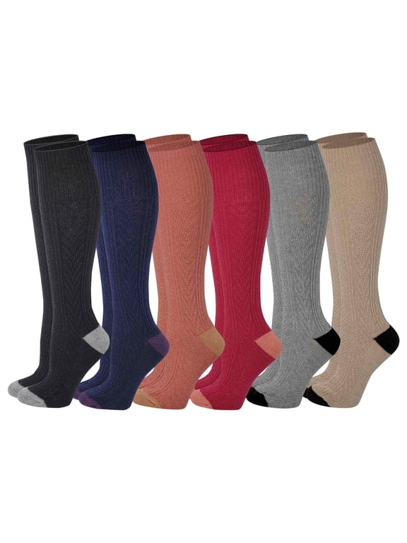 6 Pairs Women Cable Knit two tone Knee High Winter Boot Socks
