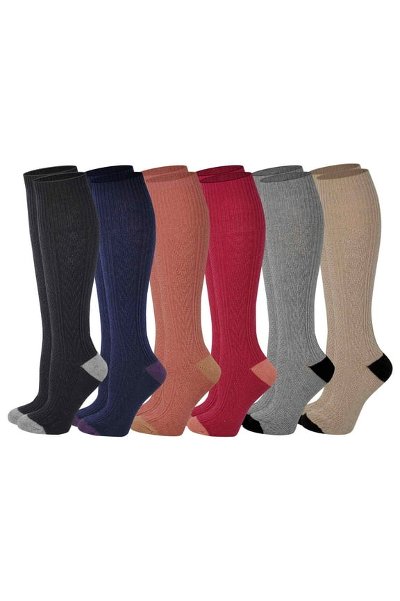 6 Pairs Women Cable Knit two tone Knee High Winter Boot Socks