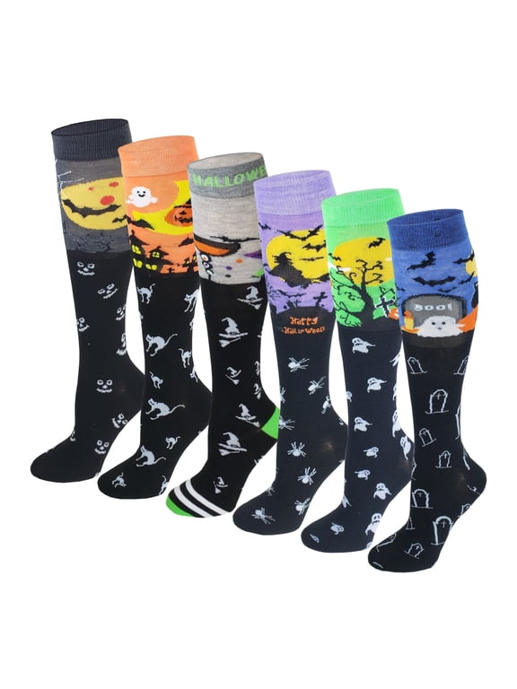 6 Pairs Women Halloween Fancy Design Knee High Socks