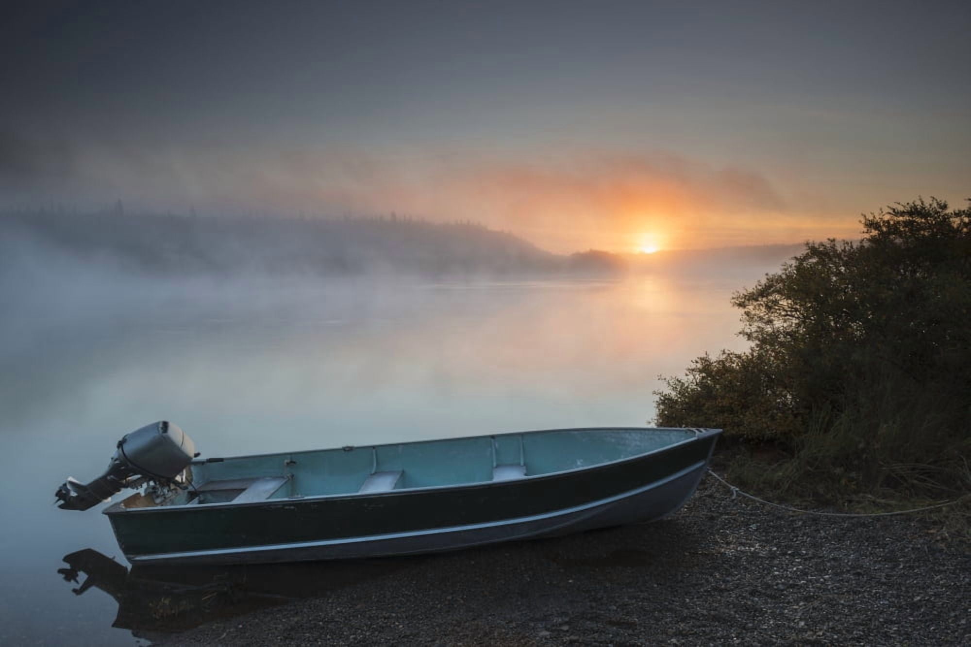The sun rises through fog over the Kvichak River in autumn with a skiff in the foreground Bristol Bay Region Southwest Alaska Canvas Art - Carl Johnson Design Pics (19 x 12)