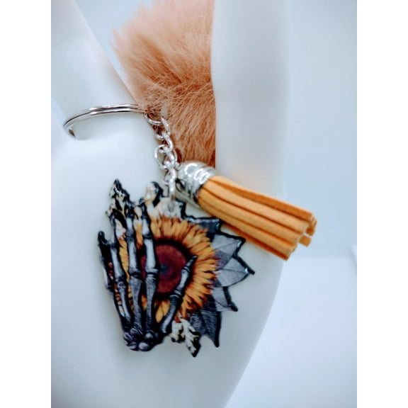 sunflower hand acrylic keychain with fur And Tassel decor