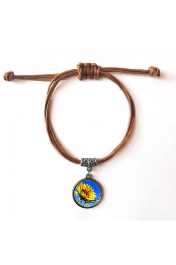 sunflowers blue sunshine flower bracelet leather hide wristband brown jewelry