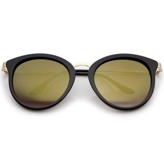 sunglassLA Female Modern Slim Metal Temple Colored Mirror Lens Cat Eye Sunglasses 54mm (Black-Gold / Gold Mirror) - 54mm