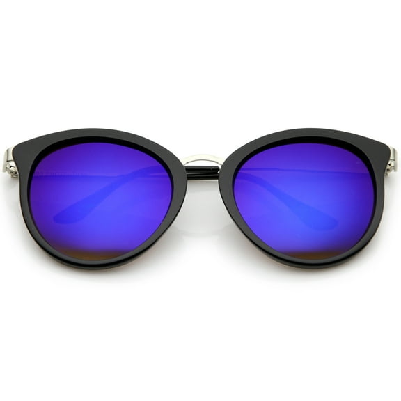 sunglassLA Female Modern Slim Metal Temple Colored Mirror Lens Cat Eye Sunglasses 54mm (Black-Silver / Blue Mirror) - 54mm