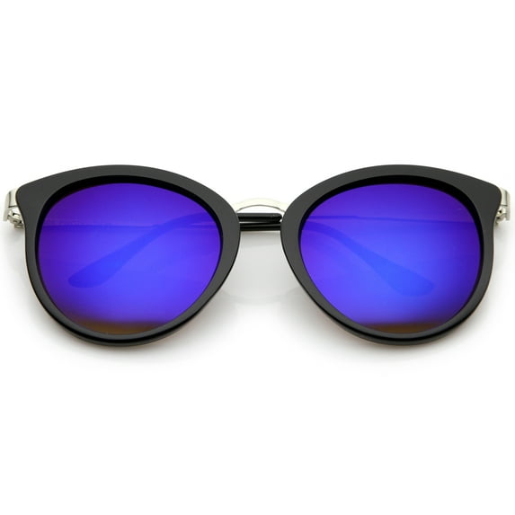sunglassLA Female Modern Slim Metal Temple Colored Mirror Lens Cat Eye Sunglasses 54mm (Black-Silver / Blue Mirror) - 54mm