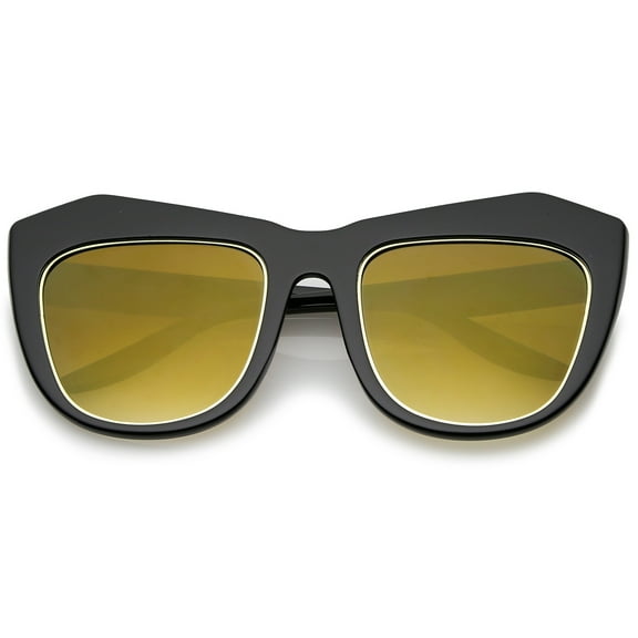 sunglassLA Female Oversize Chunky Frame Square Colored Mirror Lens Cat Eye Sunglasses 56mm (Black / Bronze Mirror) - 56mm