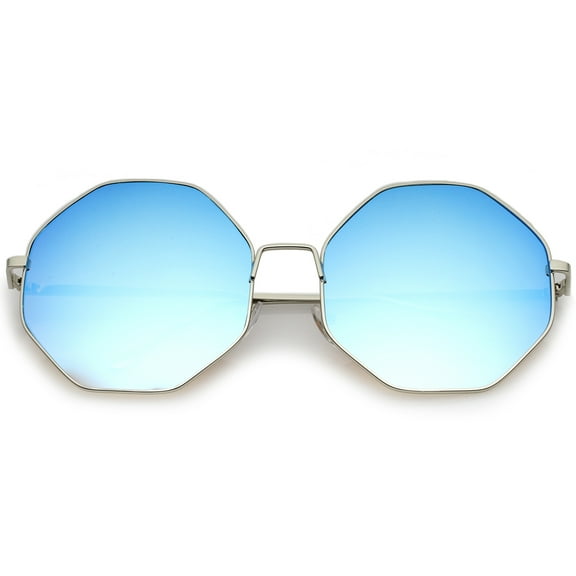 sunglassLA Female Oversize Metal Frame Slim Temple Colored Mirror Lens Hexagon Sunglasses 63mm (Silver / Blue Mirror) - 63mm