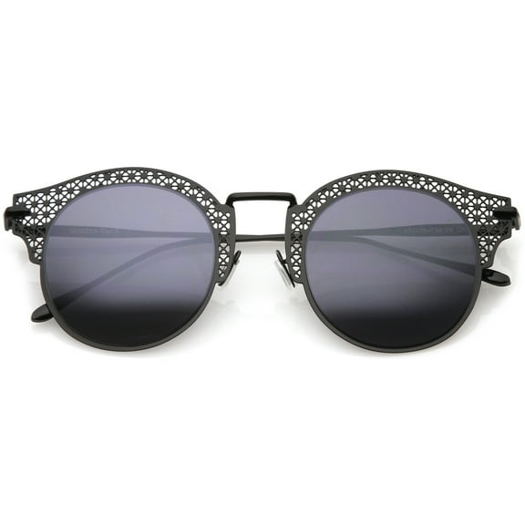 sunglassLA Female Women's Open Metal Cutout Slim Arm Round Flat Lens Half Frame Sunglasses 50mm (Shiny Black / Smoke) - 50mm