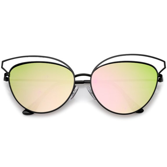 sunglassLA Female Women's Open Metal Frame Colored Mirror Oversize Cat Eye Sunglasses 58mm (Black / Pink-Green Mirror) - 58mm