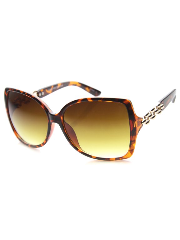 sunglassLA Female Women's Oversize Metal Temple Accent Gradient Lens Butterfly Sunglasses 62mm (Tortoise-Gold / Amber) - 62mm