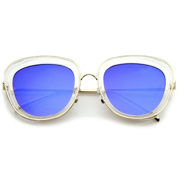 sunglassLA Female Women's Transparent Frame Square Colored Mirror Lens Oversize Sunglasses 53mm (Clear-Gold / Blue Mirror) - 53mm