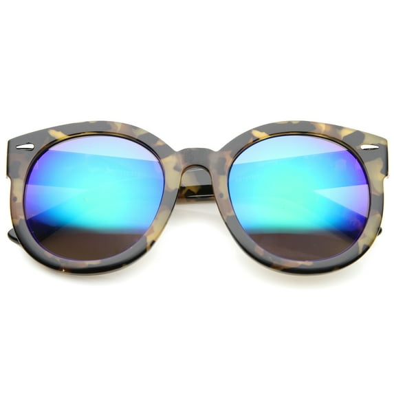 sunglassLA - Modern Block Tortoise Thick Frame Mirror Lens Oversize Round Sunglasses - 52mm