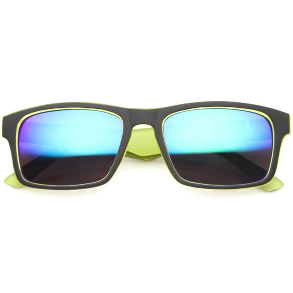 sunglassLA Unisex Action Sport Two-Toned Horn Rimmed Frame Color Mirror Lens Matte Rectangle Sunglasses (Black-Green / Green Blue Mirror) - 55mm