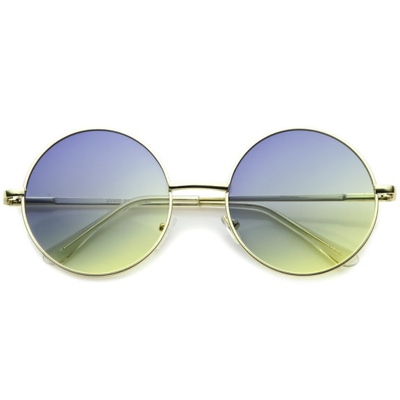 sunglassLA Unisex Bohemian Full Metal Frame Gradient Flat Lens Oversize Round Sunglasses (Gold / Blue-Yellow) - 54mm