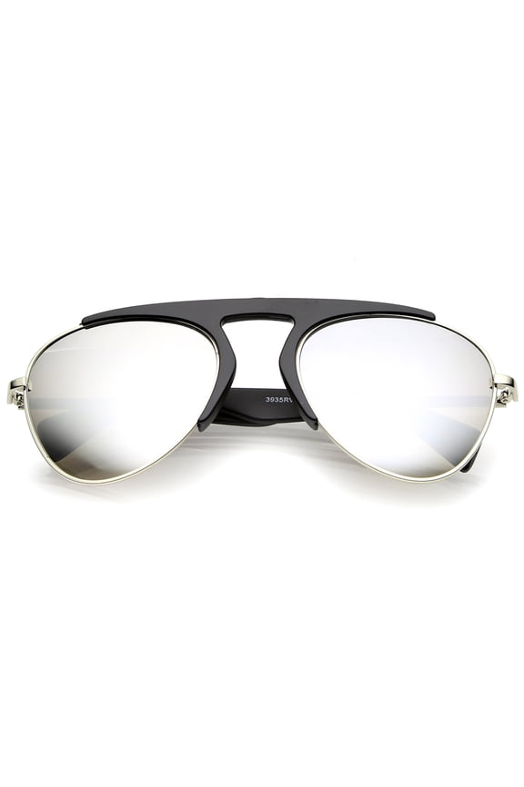sunglassLA Unisex Bold Brow Bar Keyhole Nose Bridge Colored Mirror Lens Aviator Sunglasses 56mm (Matte Black-Silver / Silver Mirror) - 56mm