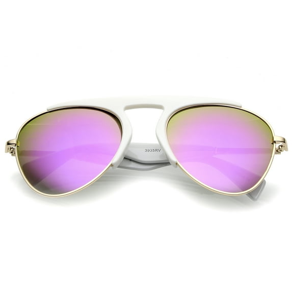 sunglassLA Unisex Bold Brow Bar Keyhole Nose Bridge Colored Mirror Lens Aviator Sunglasses 56mm (Shiny White-Gold / Purple Mirror) - 56mm
