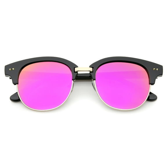 sunglassLA Unisex Bold Metal Nose Bridge Color Mirror Lens Round Half-Frame Sunglasses (Black-Gold / Magenta Mirror) - 52mm
