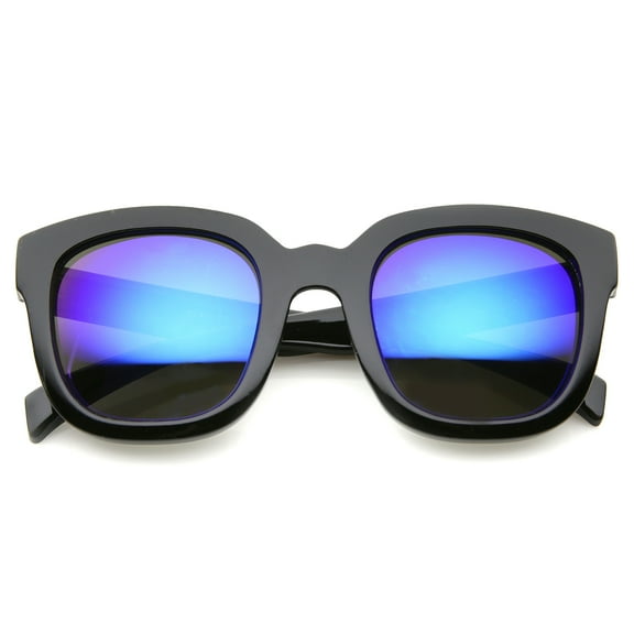 sunglassLA Unisex Bold Oversize Chunky Frame Horn Rimmed Mirror Lens Square Sunglasses (Black / Blue Mirror) - 53mm