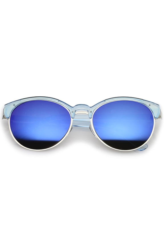 sunglassLA Unisex Double Nose Bridge Metal Trim Mirror Lens Round Cat Eye Sunglasses 55mm (Blue-Silver / Blue Mirror) - 55mm